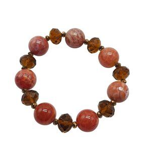 Red Onyx Amber Glass Bead Stretch Bracelet Vintage Handmade Jewelry
